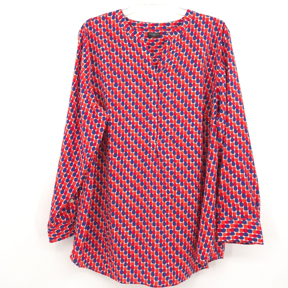 Talbots Blouse Women 2X Red Blue Geometric Dot Split Neck Long Sleeve Top